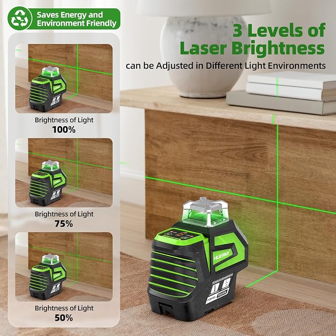 Huepar Self Leveling Laser Level Green Cross Line Laser with 2 Plumb Dots Laser Tool -360° Horizontal Line Plus 140° Vertical Level Laser with Up & Down Points - Rechargeable & Magnetic Bracket 7211CG