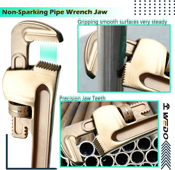 WEDO Non-Sparking Pipe Wrench 16”Spark-Free Straight Plumbing Wrench No Spark Safety Adjustable Spanner Length 450mm,Opening Max 60mm,Aluminum Bronze DIN/BAM/FM Standard