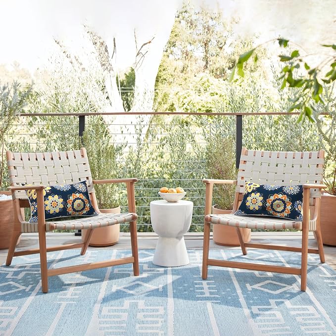 LVTXIII 2 Pack Outdoor Lumbar Pillows 12x20 Inch with White Piping, Fade Resistant Support Throw Pillows with Inserts for Patio Furniture, Sofa, Chair, Bloom Cobalt