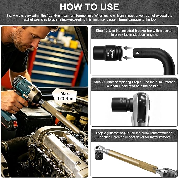 Gold 1/2" Offset Extension Wrench, 120Nm Impact Ratchet, 430mm | Premium gold finish & 42T precision gear for smooth operation. Specifically designed for narrow auto repair working spaces.