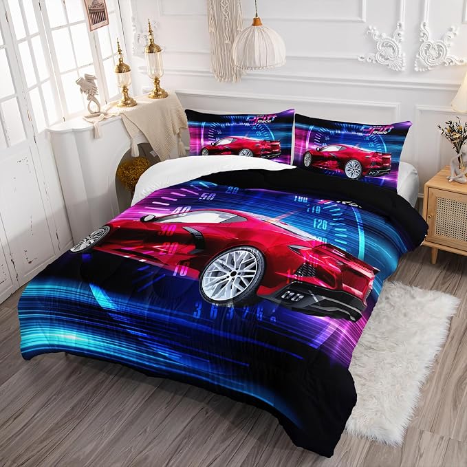 Axolotl Race Car Bedding Set King Size,Boys Extreme Sports Comforter for Kids Boys,3D Car Comforter,Cool Speed Racing Bedding,Race Sports Quilt Set 1 Duvet with 2 Pillowcases,All Season
