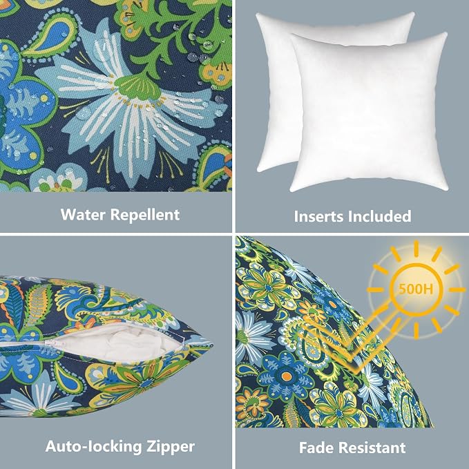 LVTXIII Outdoor Throw Pillows 16x16 Inch, Set of 2 Square Decorative Pillows with Inserts for Patio Furniture, Porch Chair, Garden Sofa, Bohemian Azure
