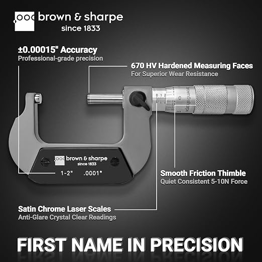 Brown & Sharpe Mechanical Outside Micrometer, 1-2 Inch, 0.0001 Inch Graduation, Tungsten Carbide Measuring Faces, Ratchet-Stop Mechanism, Satin Chrome Finished Scale