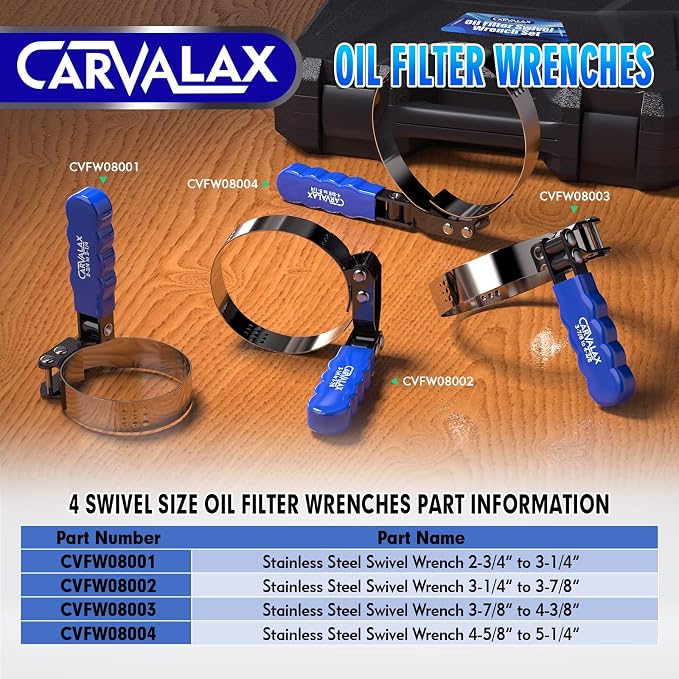 CARVALAX 8PCS Oil Filter Wrench Set – Stainless Steel Swivel Wrenches (1-3/4”to 5-1/4”), 9” & 12” Adjustable Pliers, Universal 3-Jaw Remover with Adapter, Organized in Storage Case for Auto Repair