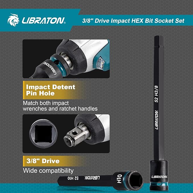 LIBRATON 3/8" Drive Long Impact Hex Bit Socket Set, Allen Bit Sockets | S2 Steel Hex Head Sockets, 20PCS Allen Wrench Socket, SAE&Metric Allen Bit Socket Set, 6" Long Allen Key Socket