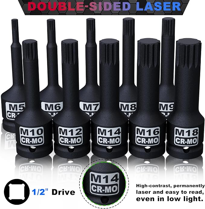 1/2" Drive Master Impact XZN Bit Socket Set, 10-Pieces: M5 - M18, Cr-Mo Steel, Heavy Duty Storage Case