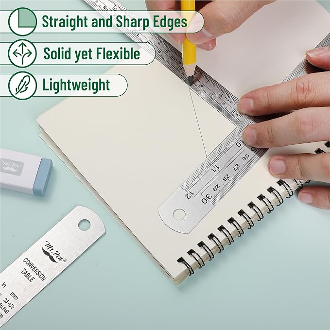 Mr. Pen- Metal Straight Edge Ruler, 3 pcs, 6", 12", 16", Stainless Steel Ruler Set, Imperial & Metric Measurements for Drawing, Home, Office, Engineering