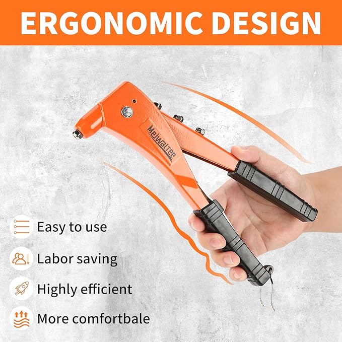 Rivet Gun with 200PCS Rivets and 4 Drill Bits, Professional Aluminum Alloy Riveter, Heavy Duty Pop Manual Riveting Tool with 4 Interchangeable Heads for Metal, Wood and Plastic