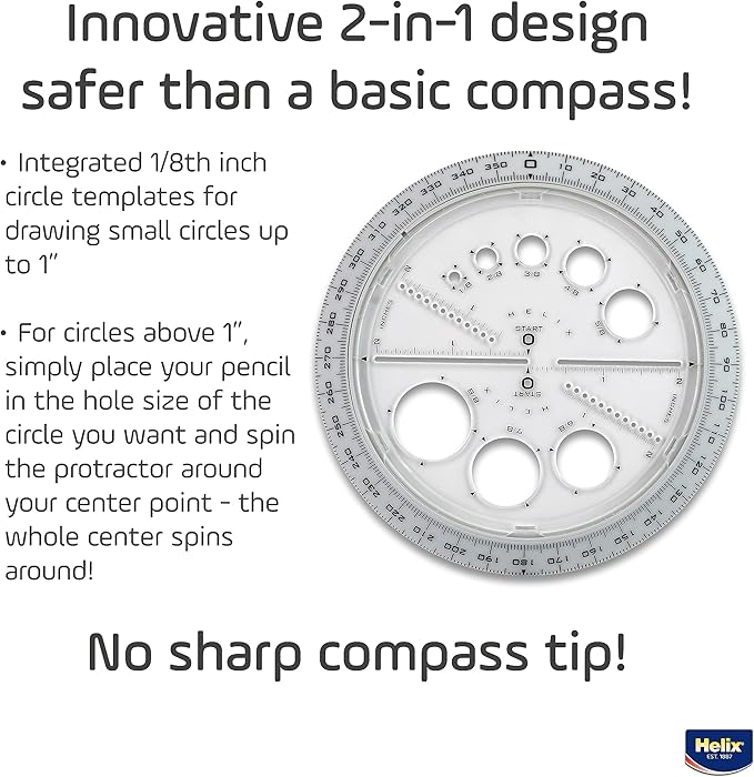 Helix Angle and Circle Maker with Integrated Circle Templates, 360 Degree, 6 Inch / 15cm, Assorted Colors (36002)
