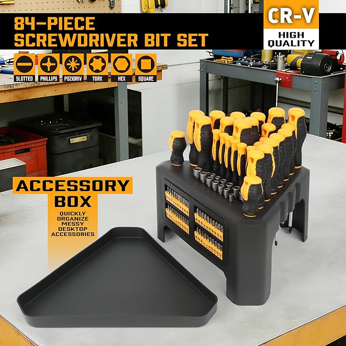 Amartisan 84-Piece Magnetic Screwdriver Set with Quick-Store Rack & Tray, DIY Hand Tool Kit for Men, Gift Idea, Includes Precision Screwdrivers, Ratchet Handle, Nut Drivers & Bit Set