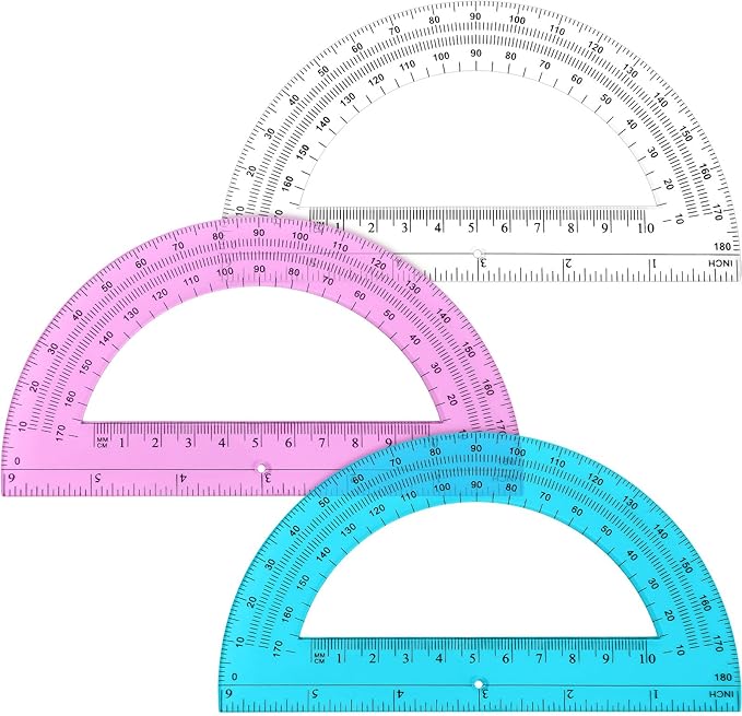 Zonon 3 Pack 6 Inch Plastic Protractor 180 Degrees Pink Blue Clear Protractors for Classroom, School, Math, Teacher, Student Office Supplies, Geometry, Angle Measurement, Christmas Gifts