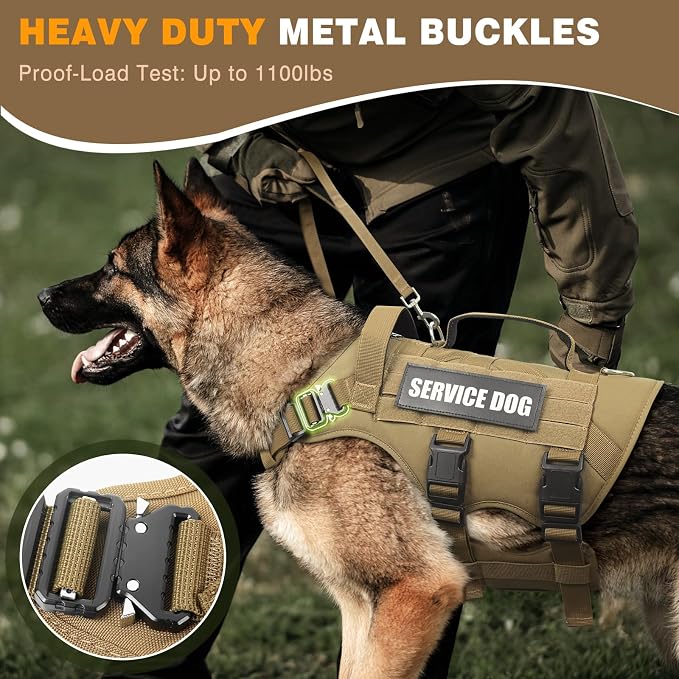 Tactical Dog Harness with Dog Leash, Service Working MOLLE Vest with 10 Pet Patches for Medium Dog, No Pull Military Harness and Backpack for Training Hunting Walking