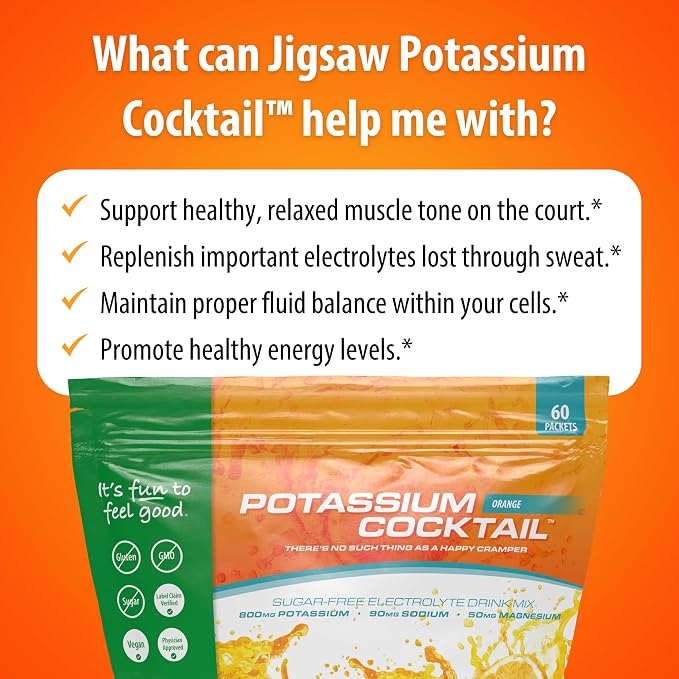 Jigsaw Health Potassium Cocktail | Formerly Pickleball Cocktail | Orange Flavor | 60 Servings (Packets)