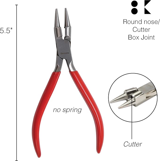The Beadsmith Platinum Series German Combination Round Nose Pliers and Cutter (Rosary Pliers), 5.5 inches (140mm) with Polished Steel Head, red PVC Comfort Grip Handle, and no Spring