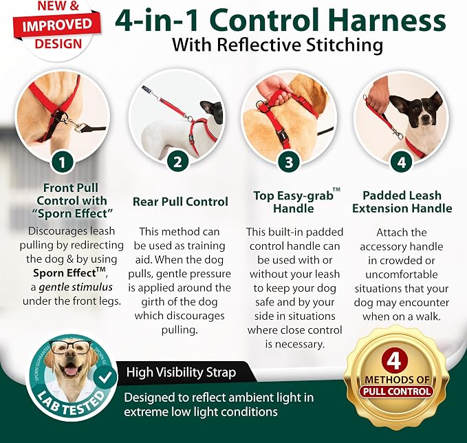 SPORN Ultimate Control No Pull Dog Harness for Small-Sized Dogs - 4-in-1 Adjustable Dog Harness with Front, Back & Dual-Clip Options & Emergency Grab Handle - Easy On/Off, Padded Comfort (Black, S)