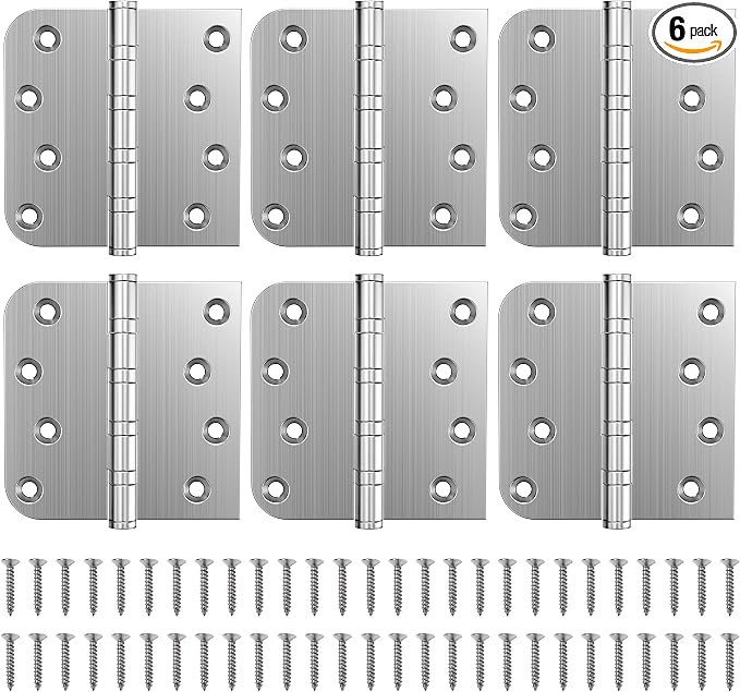 KOLET Ball Bearing Door Hinges, 4 x 4 Inches Door Hinges, Heavy Duty Stainless Steel Hinges, Square and 5/8'' Radius Corner, Smooth and Quiet, Non Removable Pin, Brushed Nickel, 6 Pack