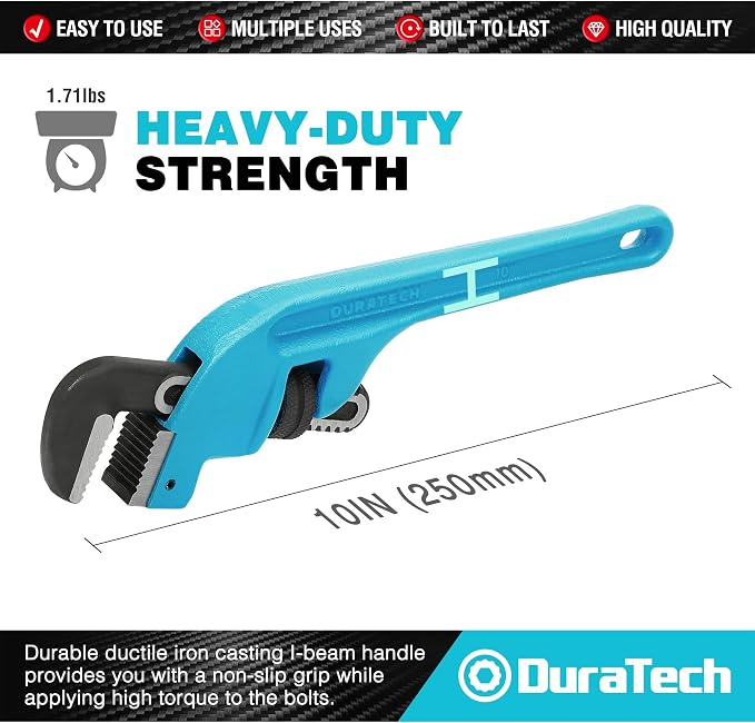 DURATECH 10-Inch Offset Pipe Wrench, Adjustable Plumbing Wrench | Heavy Duty End Pipe Wrench, Cast Iron Handle