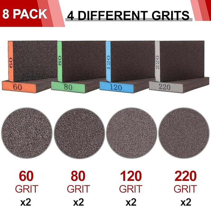 YNZDRWA 8 Pack Sanding Sponge, Washable and Reusable Sanding Blocks for Drywall Wood Metal Furniture, 60/80/120/220 Grit Sandpaper Block Assortment