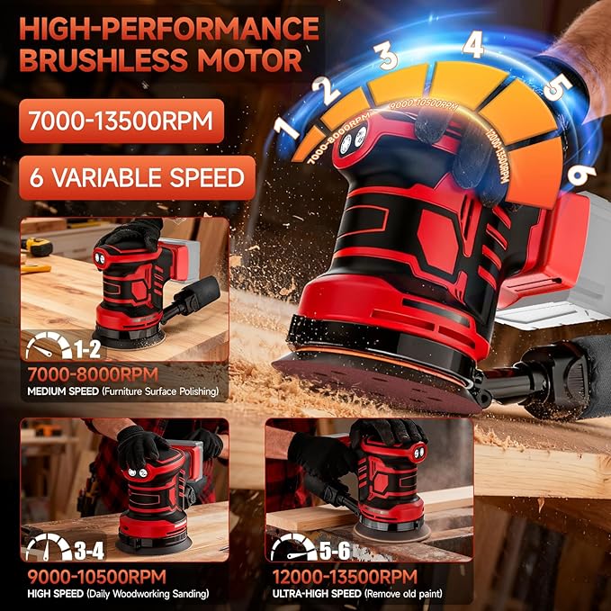 5-Inch Random Orbital Sander, Cordless Sanding Machine Compatible with Milwaukee 20V Battery(NO Battery), Brushless Electric Sander with Dust Collector (Dark Red)