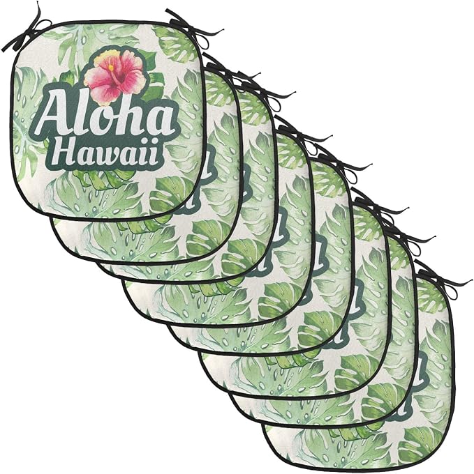 Lunarable Hawaiian Chair Cushion Pads Set of 8, Monstera Leaves Tropic Plants Leaves Humid Weather Summer Travel Destination, Anti-Slip Seat Padding for Kitchen & Patio, 16"x16", Green Pink Cream