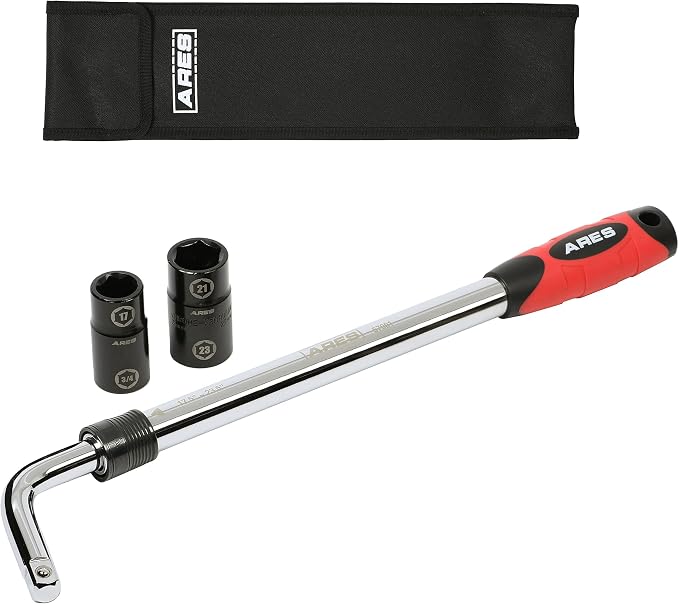 ARES 57001 Telescoping Lug Wrench, Extends 17.5-23.5 Inches | High-torque design; includes 2 double-sided 6-point sockets for broad vehicle coverage.