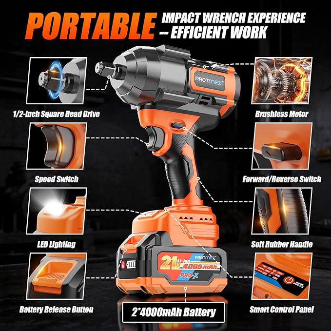 Protmex 1107Ft-lbs(1500N.m) Cordless Impact Wrench, 1/2" Brushless Impact Driver, High Torque Impact Gun with 21V 2x4.0Ah Battery, Power Motor Variable Speeds for Car/Mower/Pickup Truck