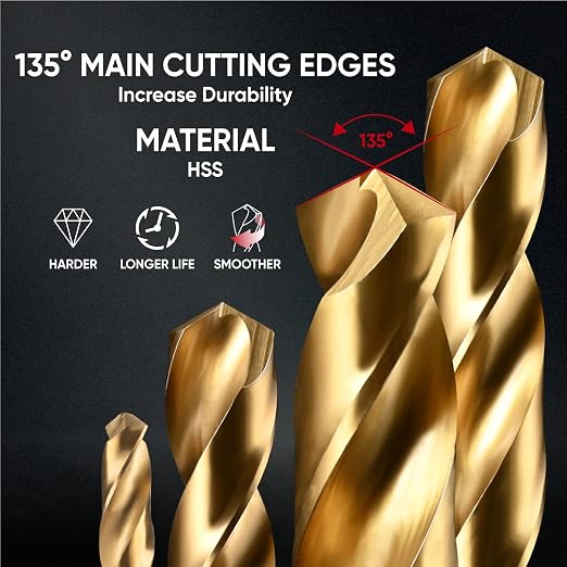 amoolo Hex Shank Drill Bit Set, 16pcs Titanium HSS Twist Impact Drill Bit Set for Metal, Steel, Wood, Plastic, Quick Change Design (1/16”-3/8”)