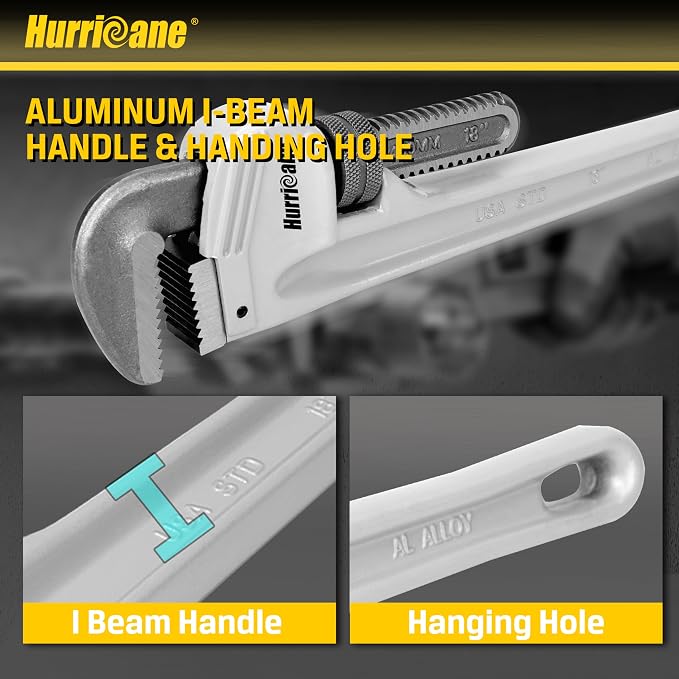 HURRICANE 18-Inch Aluminum Pipe Wrench | Heavy Duty, Adjustable Plumbing Wrench, Straight Handle, 40% Lighter Weight
