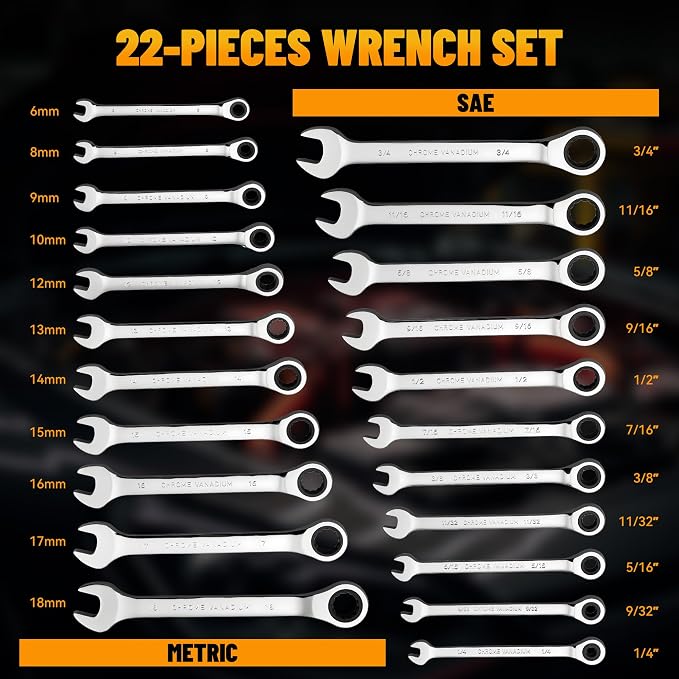 KOOPOOL Ratchet Wrenches Set, 22-Piece Combination Wrench Set, Metric & SAE, Anti-Slip Grip, CR-V Steel, 1/4" to 3/4" & 6mm to 18mm, Portable Oxford Pouch Organizer