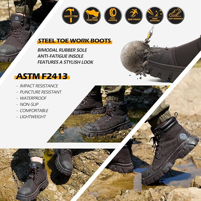 KELODON Waterproof Steel Toe Boots For Men 6 Inch Leather Steel Toe Shoes Non Slip Resistant Safety Work Boots Indestructible Lightweight Construction Boot