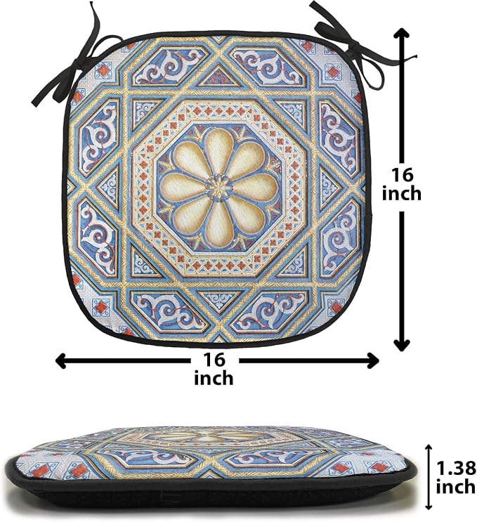 Lunarable Moroccan Chair Cushion Pads Set of 2, Image of a Carving Art Flower Doorway Entrance Geometric, Anti-Slip Seat Padding for Kitchen & Patio, 16"x16", Blue Pale Yellow Redwood