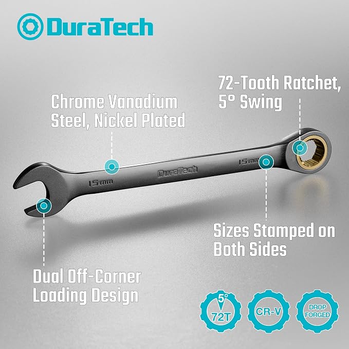 DURATECH Anti-Slip Ratcheting Wrench Set, 10-Piece, Metric 6-18mm | Combination Wrench Set, 72-Tooth, Nickel Plating, CR-V Steel, With Pouch