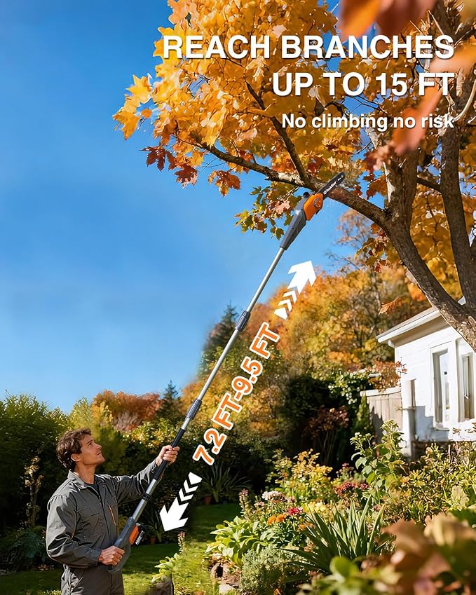 TaskStar 8-Inch Cordless Pole Saw, Electric Pole Saws for Tree Trimming, 2×4000mAh Batteries, 600W Powerful Motor, Max Reach 15Ft, Tool-Free Chain Tensioning, Auto Lubrication