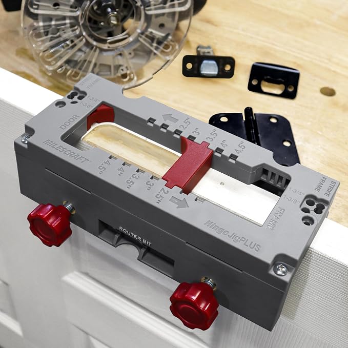 Milescraft 1229 HingeJigPLUS – Dual Clamping Door Hinge Jig Door Hinge Mortiser. Complete Hinge Installation Kit Rout Mortises from 2.5” to 4.5”. Strike and Latch Plates Included for Standard Doors