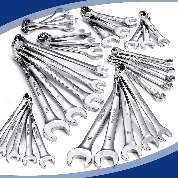 WORKPRO 32-Piece SAE & Metric Combination Wrenches Set, 20-Piece Standard wrenches and 12-Piece Stubby Wrenches with Organizer Tray, Cr-V Steel Mirror Chrome Polished