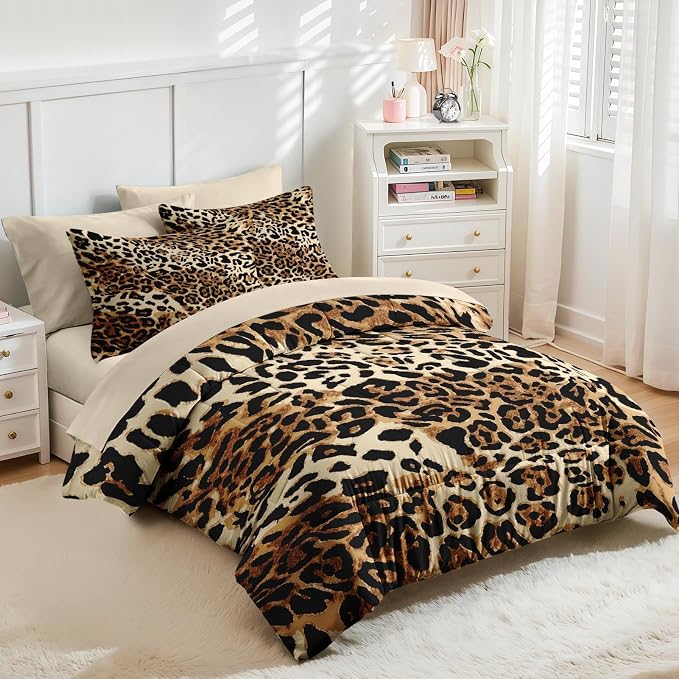Nesker Comforter Set Full Size, Leopard Print Wild Cheetah 7 Pcs Bedding for Kids and Adults, Animal Safari Skin Pattern Bed Sheet Sets with Fitted Sheet 2 Pillowcases & 2 Shams