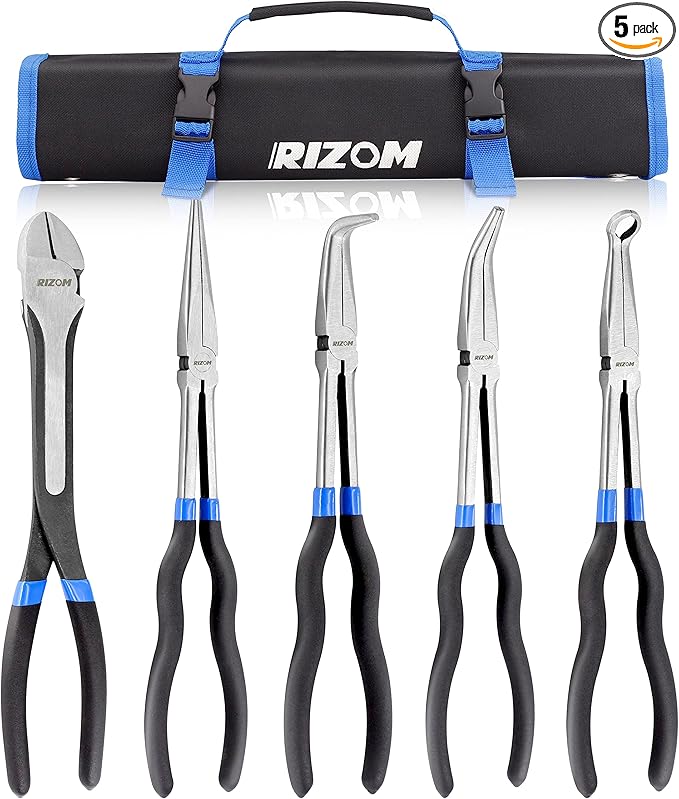 RIZOM 5-Piece 11 Inch Long Needle Nose Pliers Set, Extra Long Reach Pliers Set, 45°&90° Bent Needle Nose Pliers, Circle Nose and Diagonal Pliers for Narrow Spaces and Limited Areas