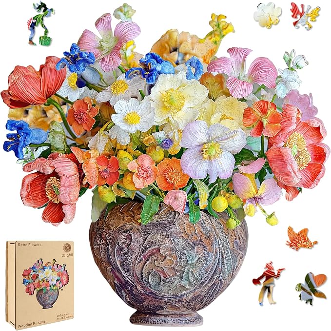 Delobil Flower Wooden Puzzles for Adults, 200 Pieces Vase Jigsaw Puzzles, Unique Shaped Medium Size Wood Puzzle Birthday Gifts for Mom Adults and Kids, Family Game 11'' x 11.3''