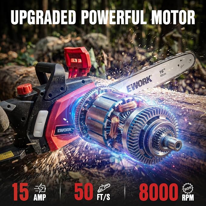 EWORK Electric Chainsaw Corded 16-Inch 15 Amp Electric Chain Saws | Corded Chainsaw with Tool-Free Chain Tension, Auto Oiling, Low Kickback, Robust Chainsaw for Tree Cutting, Pruning, Firewood