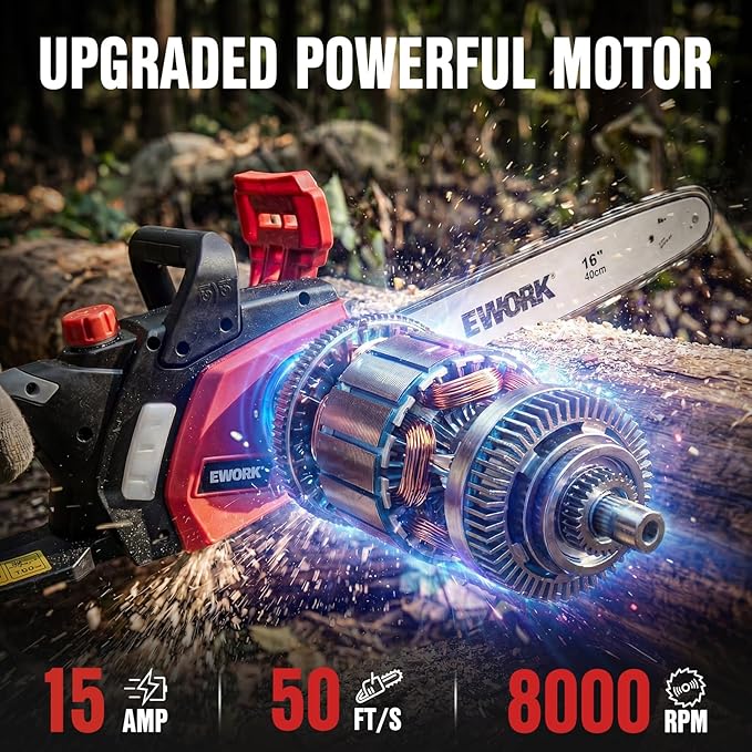 EWORK Electric Chainsaw Corded 16-Inch 15 Amp Electric Chain Saws | Corded Chainsaw with Tool-Free Chain Tension, Auto Oiling, Low Kickback, Robust Chainsaw for Tree Cutting, Pruning, Firewood