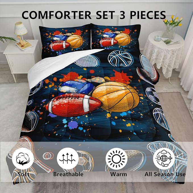 Axolotl Ball Game Bedding Set King Size,3 Piece Basketball Volleyball Comforter Set,Cartoon Soccer Football Sports Bedding,Colorful Ball Sport Bed for Kids Boys Teens,1 Quilt 2 Pillowcases