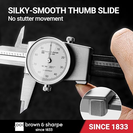 Brown & Sharpe 12-Inch Dial Caliper, Precision Measuring Tool with White High-Contrast Dial,Shock-Protected Stainless Steel Construction, Smooth Slider and Lockting Screw, for Machining & Inspection
