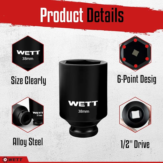 WETT 1/2" Drive Deep Large Impact Socket Set, 11-Piece Spindle Axle Nut Wheel Wrench Sockets Set, Jumbo Metric 6 Point Sockets with 3/4 to 1/2 Adapter, CR-V, (27mm-38mm)
