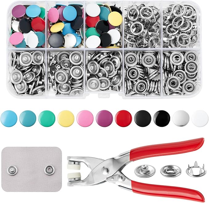 DEVPSISR 100 Sets Metal Snaps Buttons with Fastener Pliers Press Tool Kit Perfect for DIY Crafts Clothing Sewing, 9.5mm Snap Button Fasteners Kit（Color Solid）