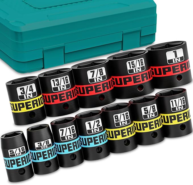 12 Piece 3/8" Drive Impact Socket Set, 5/16" - 1" Shallow Socket, SAE, 6 Point, CR-V, Automotive Motorcycle and Bicycle Maintenance, Machinery Manufacturing
