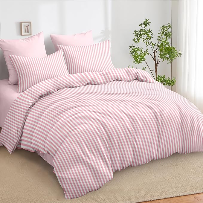 Sedefen Striped Duvet Cover Queen Size Pink Stripe Bedding Set for Girls 3 Pieces Soft Breathable Microfiber Reversible Geometric Stripes Duvet Cover Set with Zipper Closure and 2 Pillowcases