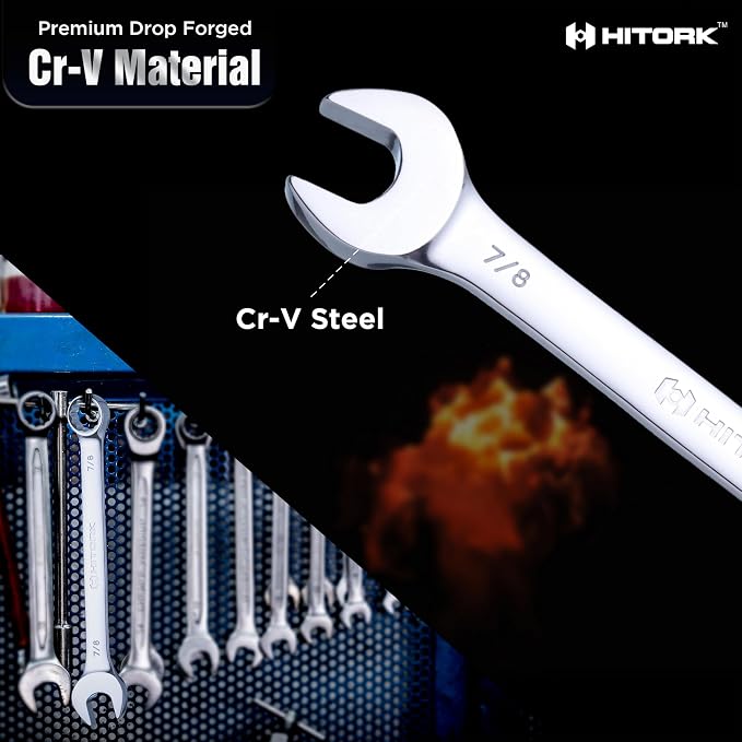 Hitork 24-Piece Combination Wrench Set, SAE (1/4"–1") & Metric (8–24mm), Cr-V Steel, Mirror Chrome Finish, 12-Point Box End, 15° Offset, with Roll Pouch – Ideal for Home, Garage & Auto Repair | Mirror chrome finish, raised box ends and organized roll u...