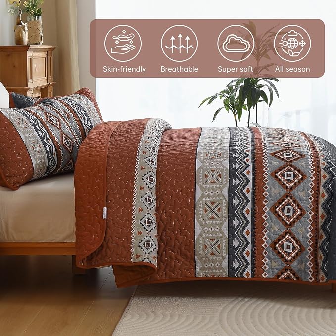 WONGS BEDDING 3 Pieces Quilt Set Queen Size, Burnt Orange Quilt Bedspread Lightweight Bohemian Coverlet Set with 2 Pillowcase, Soft Geometry Printed Bedding Set Queen for All Season 96"×90"