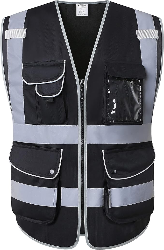 JKSafety 9 Multi-Functional Pockets Zipper Front Safety Vest With Reflective Strips Meet ANSI/ISEA Standards (150-Black, 3X-Large)