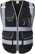JKSafety 9 Multi-Functional Pockets Zipper Front Safety Vest With Reflective Strips Meet ANSI ISEA Standards (150-Black, X-Large)